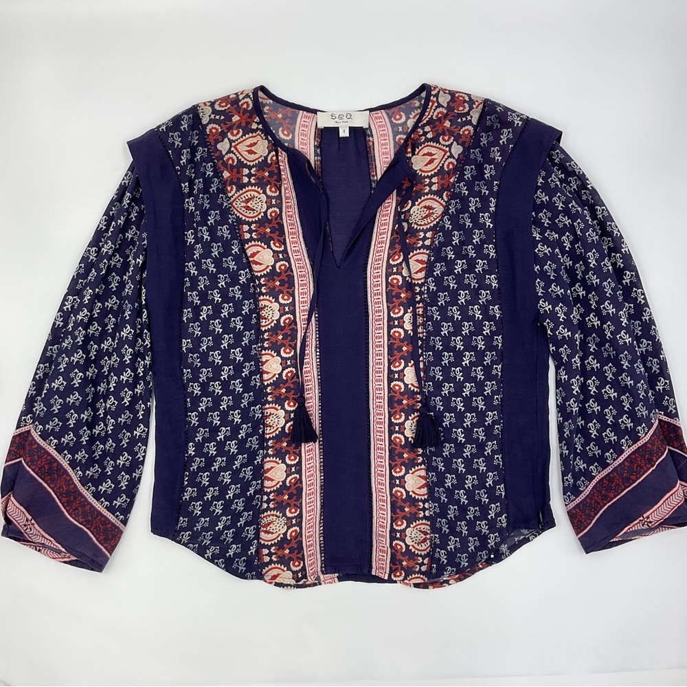 Sea New York NWOT RARE Ruffle Shoulder Tassel Relaxed Fit Long Sleeve Blouse Top